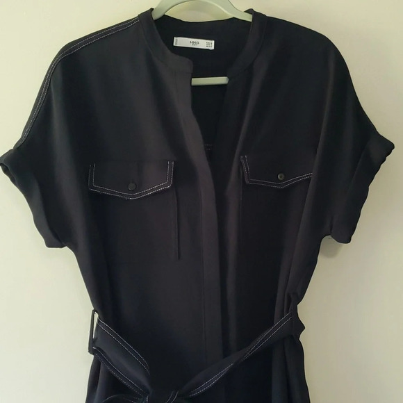 MNG by Mango Dress Women Medium 6 Navy Blue Contrast Stitching Minimalist Office - Picture 2 of 11